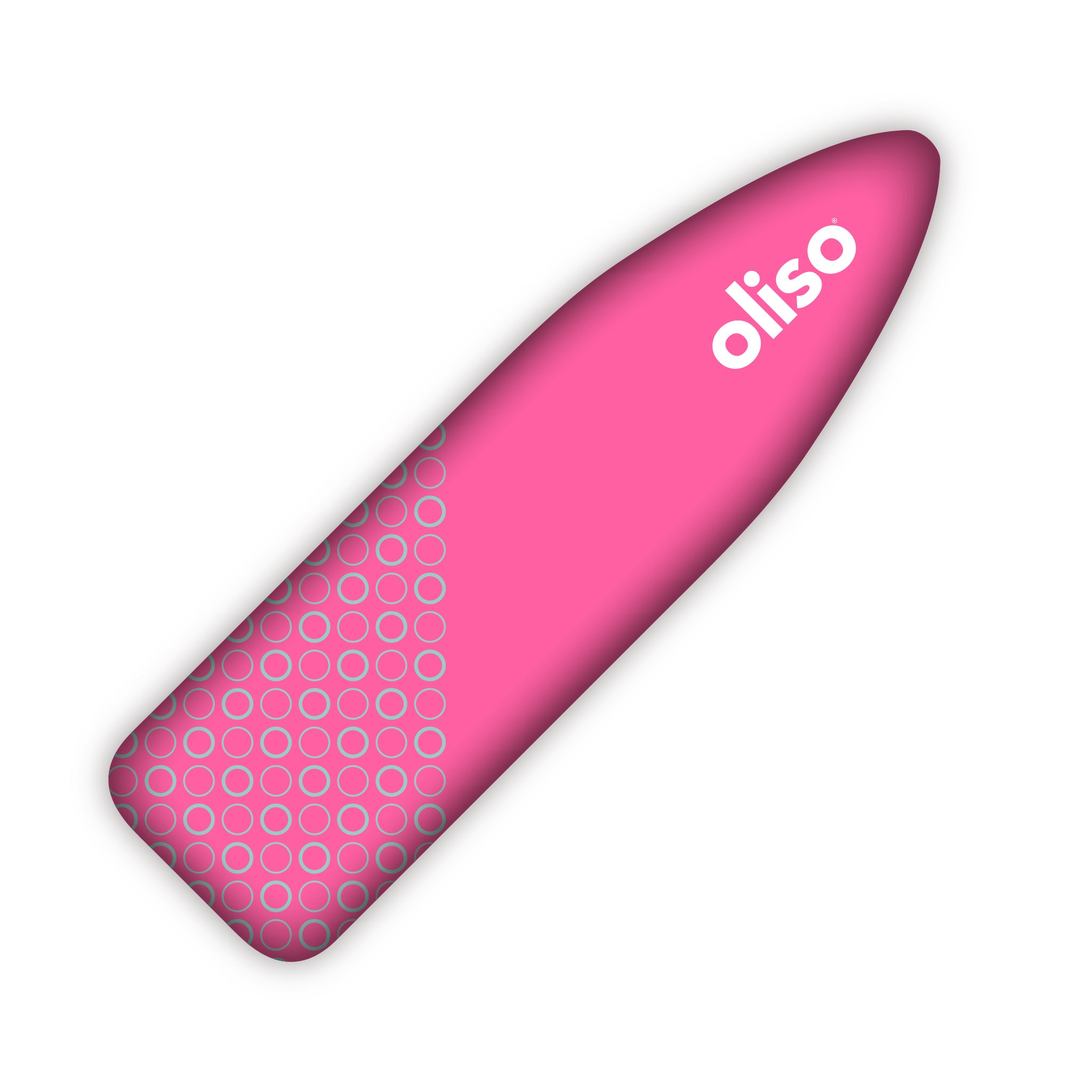 Oliso raspberry ironing board cover with contrasting pistachio circle pattern, and oliso branding.