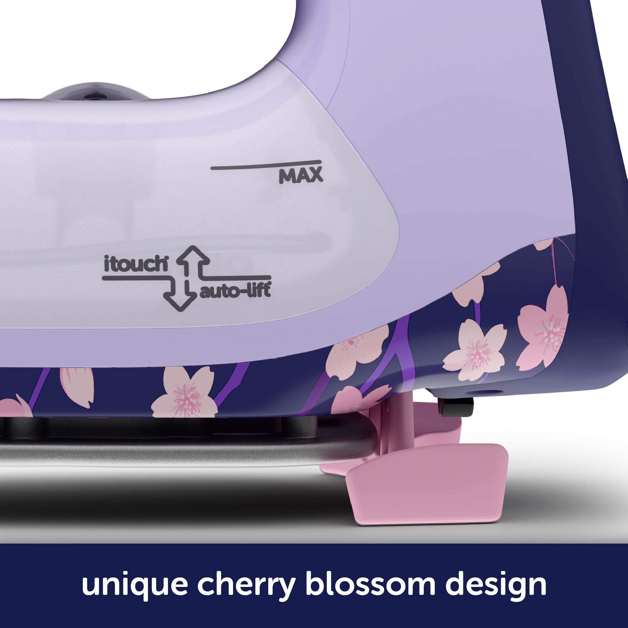 Oliso Yaya Han smart iron in a striking Midnight Blue with a unique cherry blossom design. Full-size auto-lift iron for sewing, quilting, and cosplay costume making.