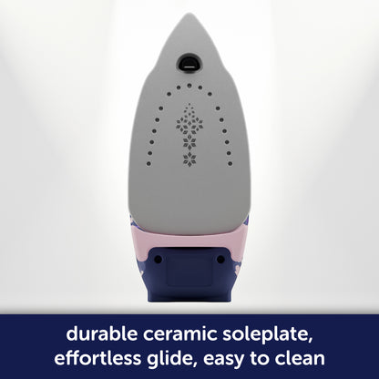 Oliso Yaya Han ProPlus iron with durable, smooth ceramic soleplate; easy to clean even when using fusible; large flat pressing area with 2-inch detailing tip; 1800 watts of power for fast heat-up and accurate temperature control.