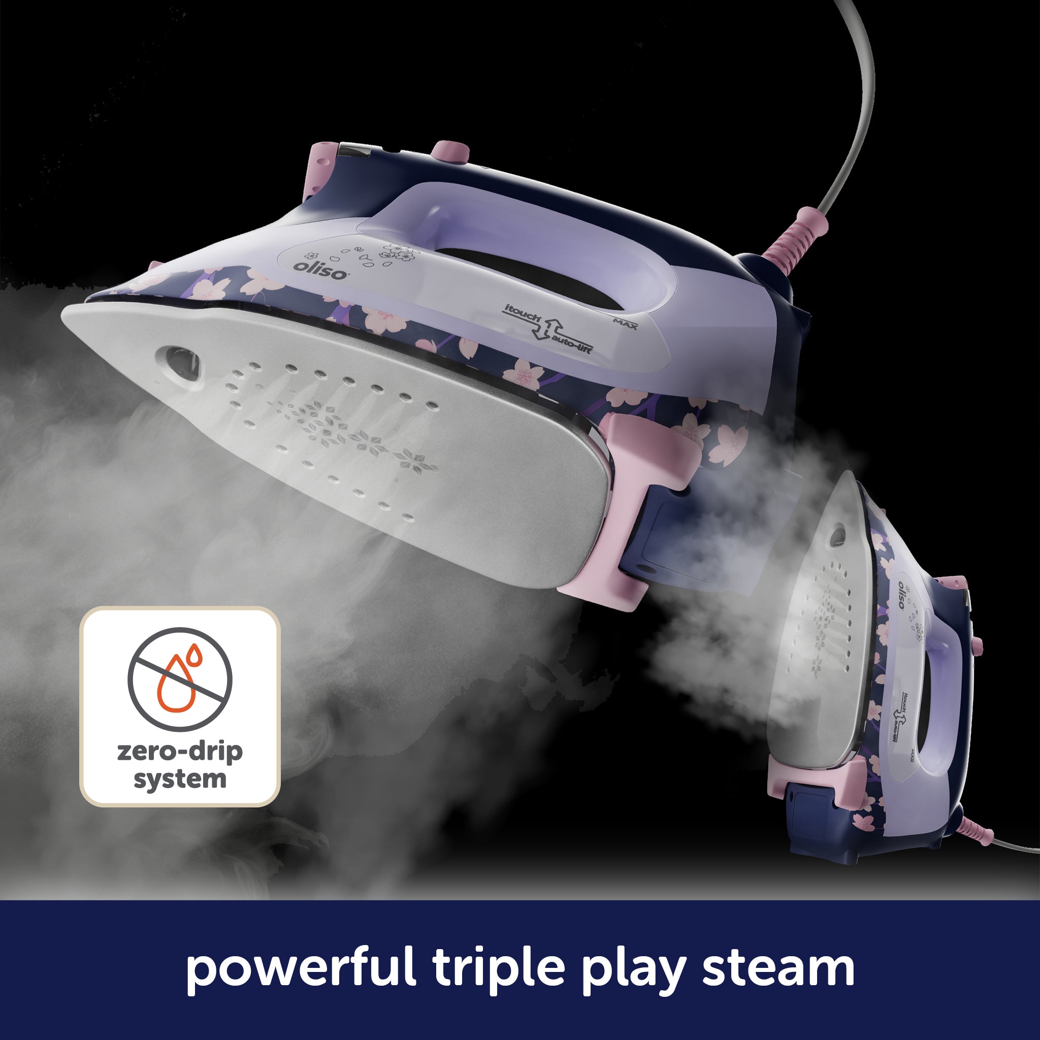 Oliso Yaya Han ProPlus iron in a striking Midnight Blue with cherry blossom design. Its powerful burst of steam and variable steam control are ideal for wrinkle removal or pressing sharp seams when sewing, quilting, and making cosplay costumes.