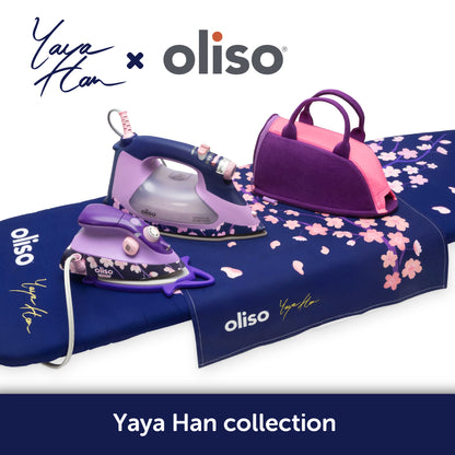 The oliso - Yaya Han Cherry Blossom Collection features striking deep blue and purple tones with a delicate cherry blossom design and includes oliso’s auto-lift smart iron, project iron, carry bag, ironing board cover, and pressing cloth—perfect for sewing, quilting, and cosplay costume-making.