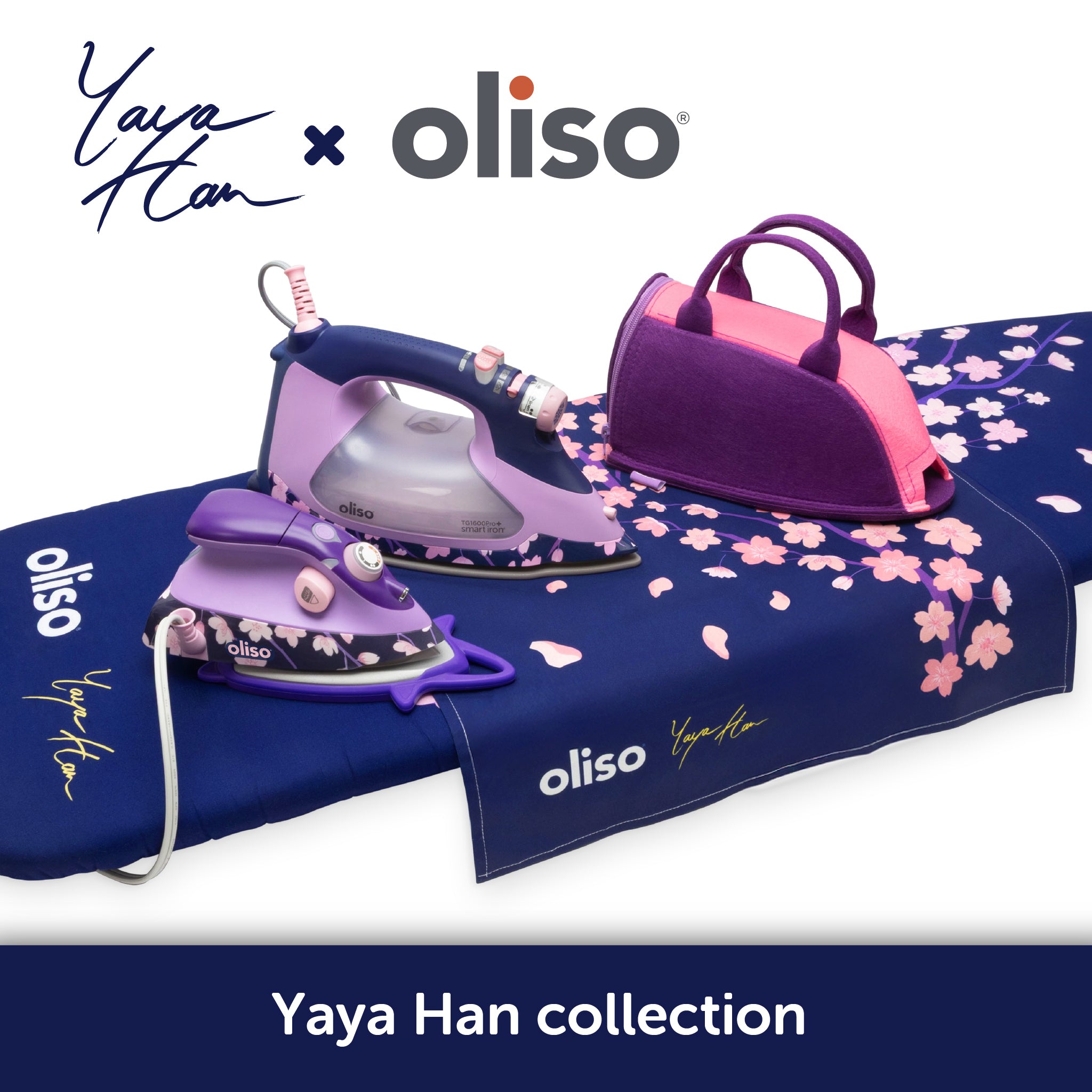 The oliso - Yaya Han Cherry Blossom Collection features striking deep blue and purple tones with a delicate cherry blossom design and includes oliso’s auto-lift smart iron, project iron, carry bag, ironing board cover, and pressing cloth—perfect for sewing, quilting, and cosplay costume-making.