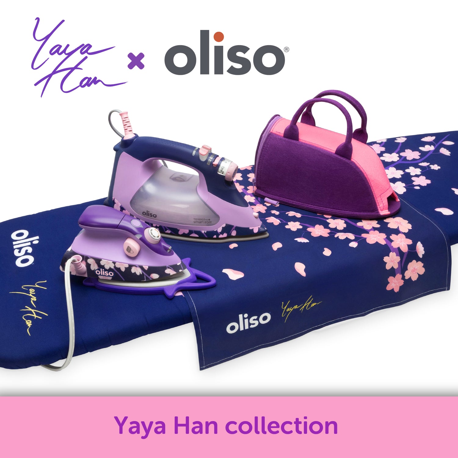 The oliso - Yaya Han Cherry Blossom Collection features striking deep blue and purple tones with a delicate cherry blossom design and includes oliso’s auto-lift smart iron, project iron, carry bag, ironing board cover, and pressing cloth—perfect for sewing, quilting, and cosplay costume-making.