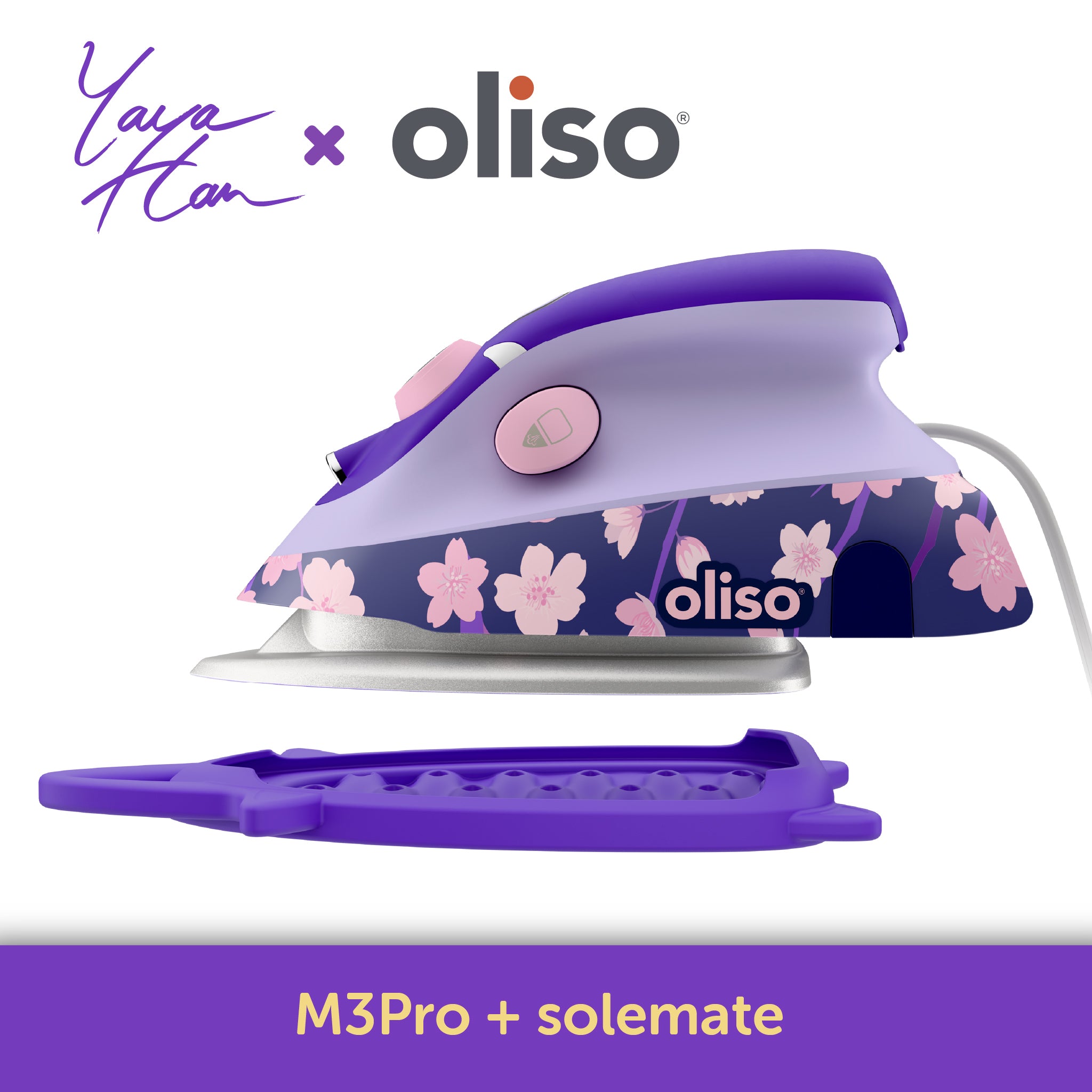 Oliso Yaya Han M3Pro smart iron in Midnight Orchid with cherry blossom design, compact travel steam iron with dual purpose silicone solemate - hot iron rest or storage. For sewing, quilting, and cosplay costume making.