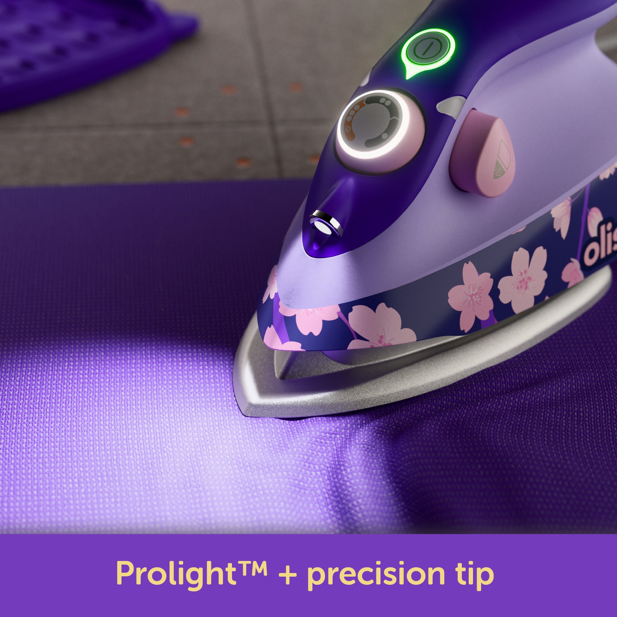 Oliso Yaya Han M3Pro project iron with an LED work light that illuminates its precision tip for tight spaces and dark fabrics. For sewing, quilting, and cosplay costume making.
