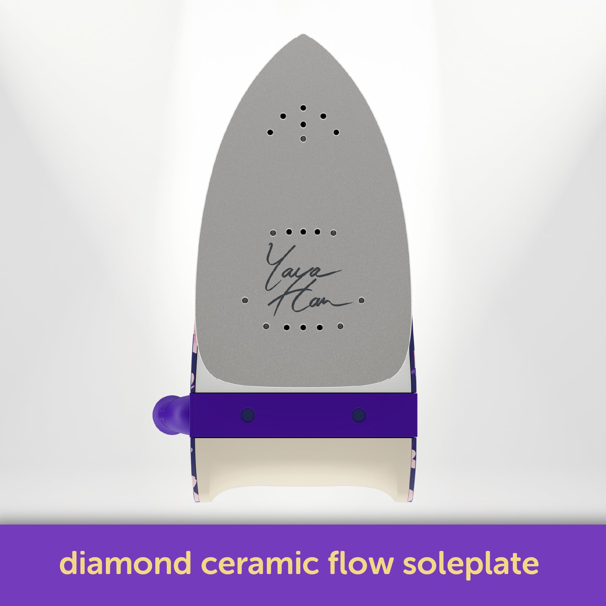 Oliso Yaya Han M3Pro project iron in Midnight Orchid with cherry blossom design, featuring a durable, easy-to-clean ceramic soleplate and 100 watts of power for fast, precise heating—ideal for sewing, quilting, and cosplay costume making.