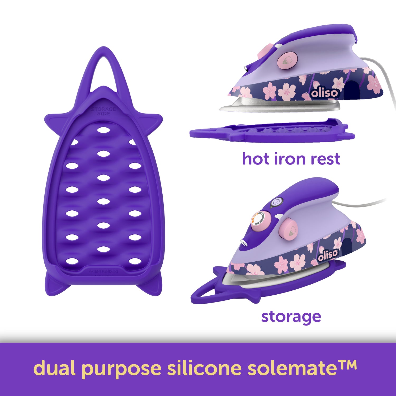 Oliso Yaya Han M3Pro project iron in Midnight Orchid with cherry blossom design - Dual-purpose high-temperature silicone solemate, one side is a hot iron rest, the other is for storage and travel. For sewing, quilting, and cosplay costume making.