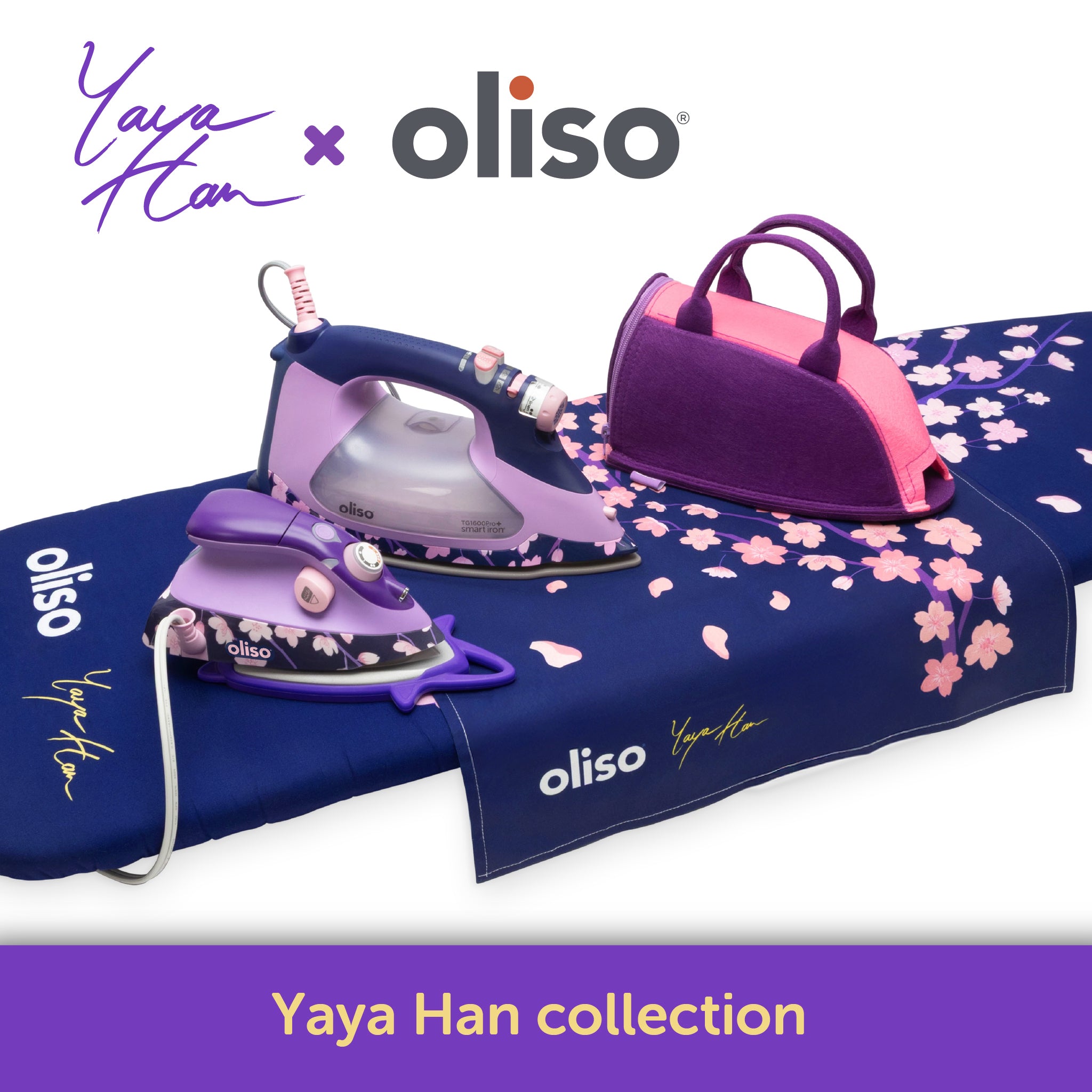 The oliso - Yaya Han Cherry Blossom Collection features striking deep blue and purple tones with a delicate cherry blossom design and includes oliso’s auto-lift smart iron, project iron, carry bag, ironing board cover, and pressing cloth—perfect for sewing, quilting, and cosplay costume-making.