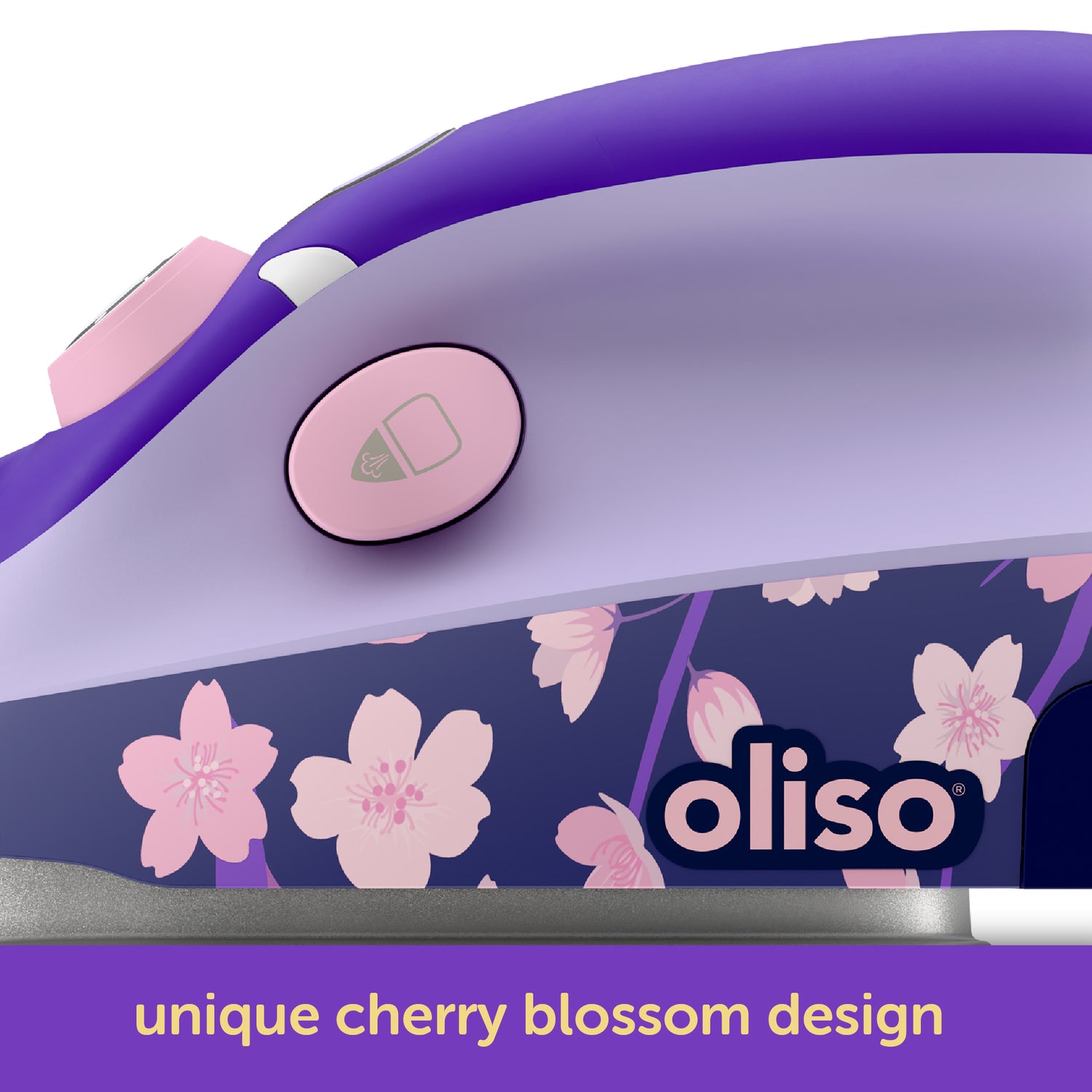 Oliso Yaya Han M3Pro project iron in a striking Midnight Orchid with a unique cherry blossom design, compact travel steam iron for sewing, quilting, and cosplay costume making.