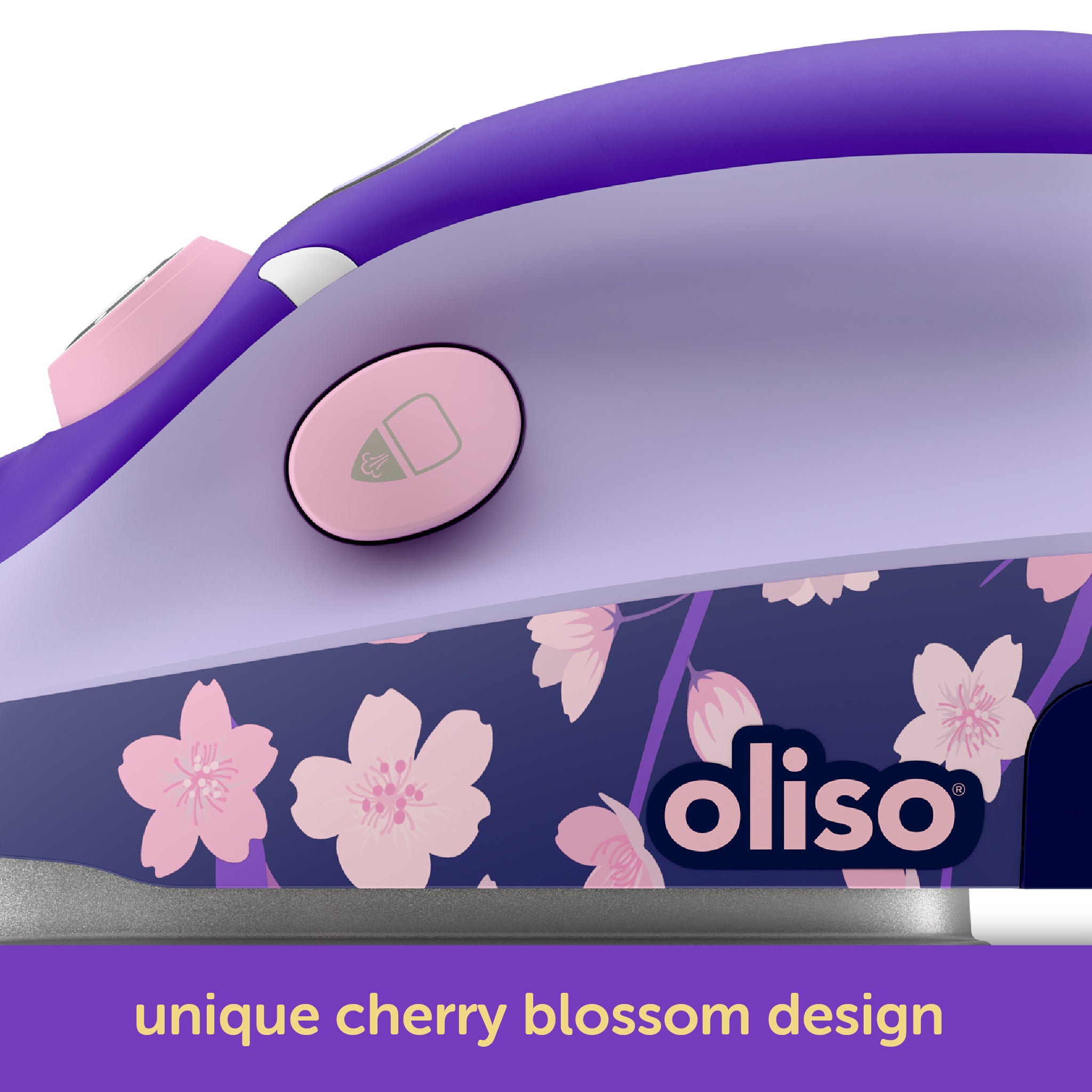Oliso Yaya Han M3Pro project iron in a striking Midnight Orchid with a unique cherry blossom design, compact travel steam iron for sewing, quilting, and cosplay costume making.
