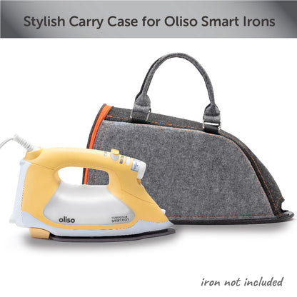 Oliso ProPlus iron and carry bag next to each other for size comparison, and to show it will fit most full sized irons. The iron is not included with the bag.