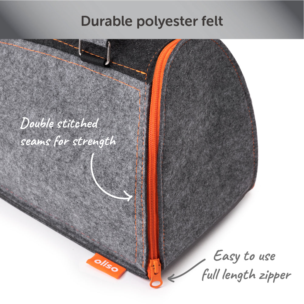 Close up of  opening with orange full length zipper for easy access, and the double stitched seams for strength.