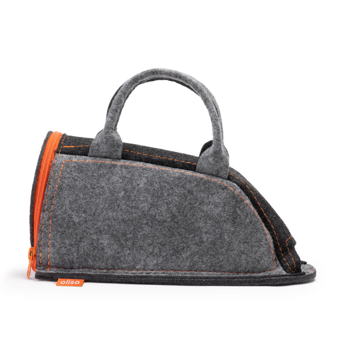 Gray iron carry bag with orange stitching and zipper for use with oliso M2Pro & M3Pro.