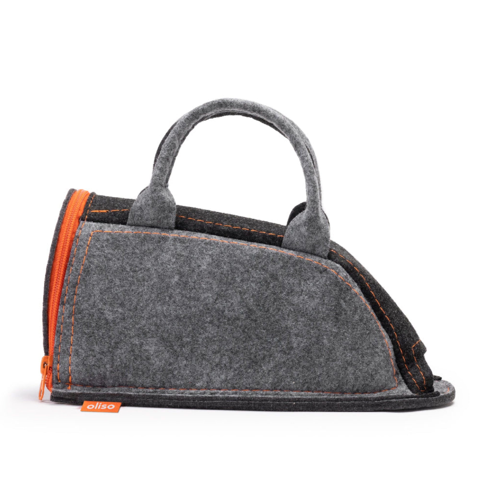 Gray iron carry bag with orange stitching and zipper for use with oliso M2Pro &amp; M3Pro.