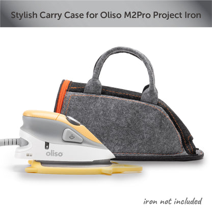 Oliso M2Pro iron and carry bag next to each other for size comparison, and to show it will fit most full sized irons. The iron is not included with the bag.