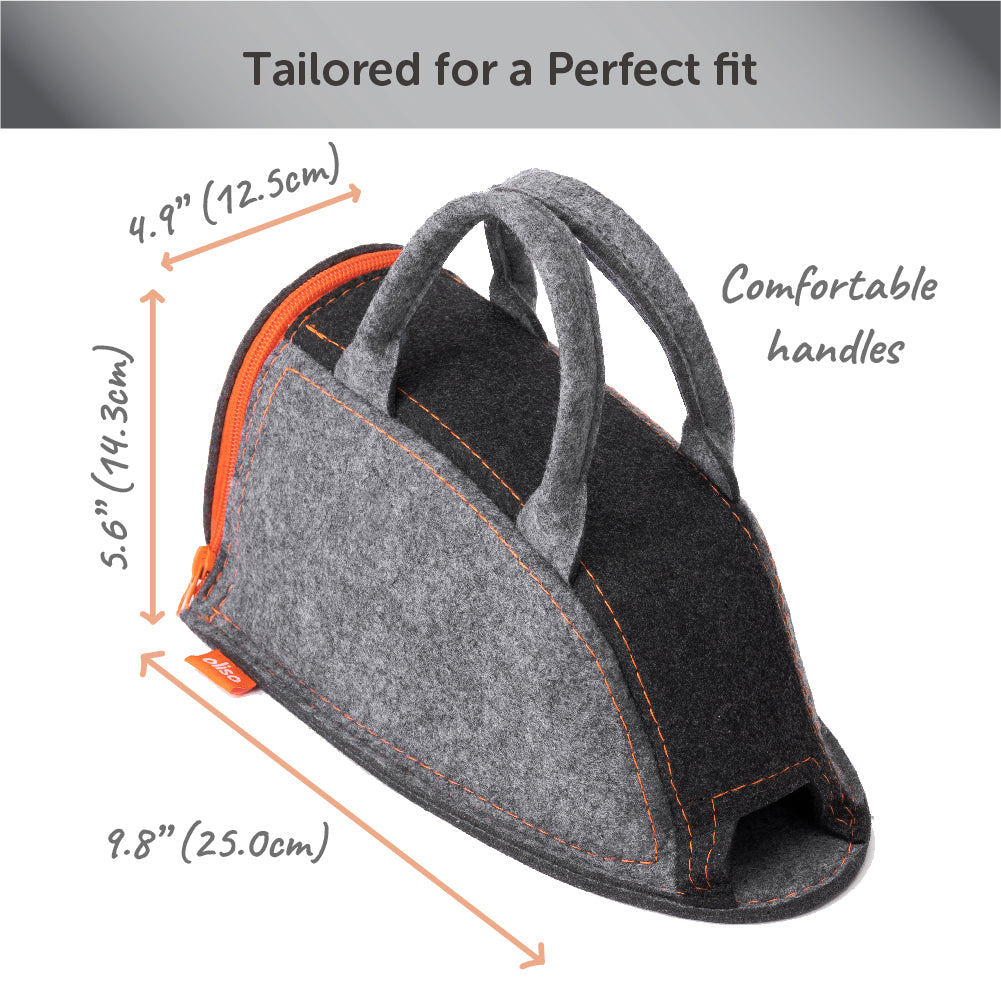 Small carry bag with dimensions, 9.8 inches long, 4.9 inches wide, 5.6 inches tall. 