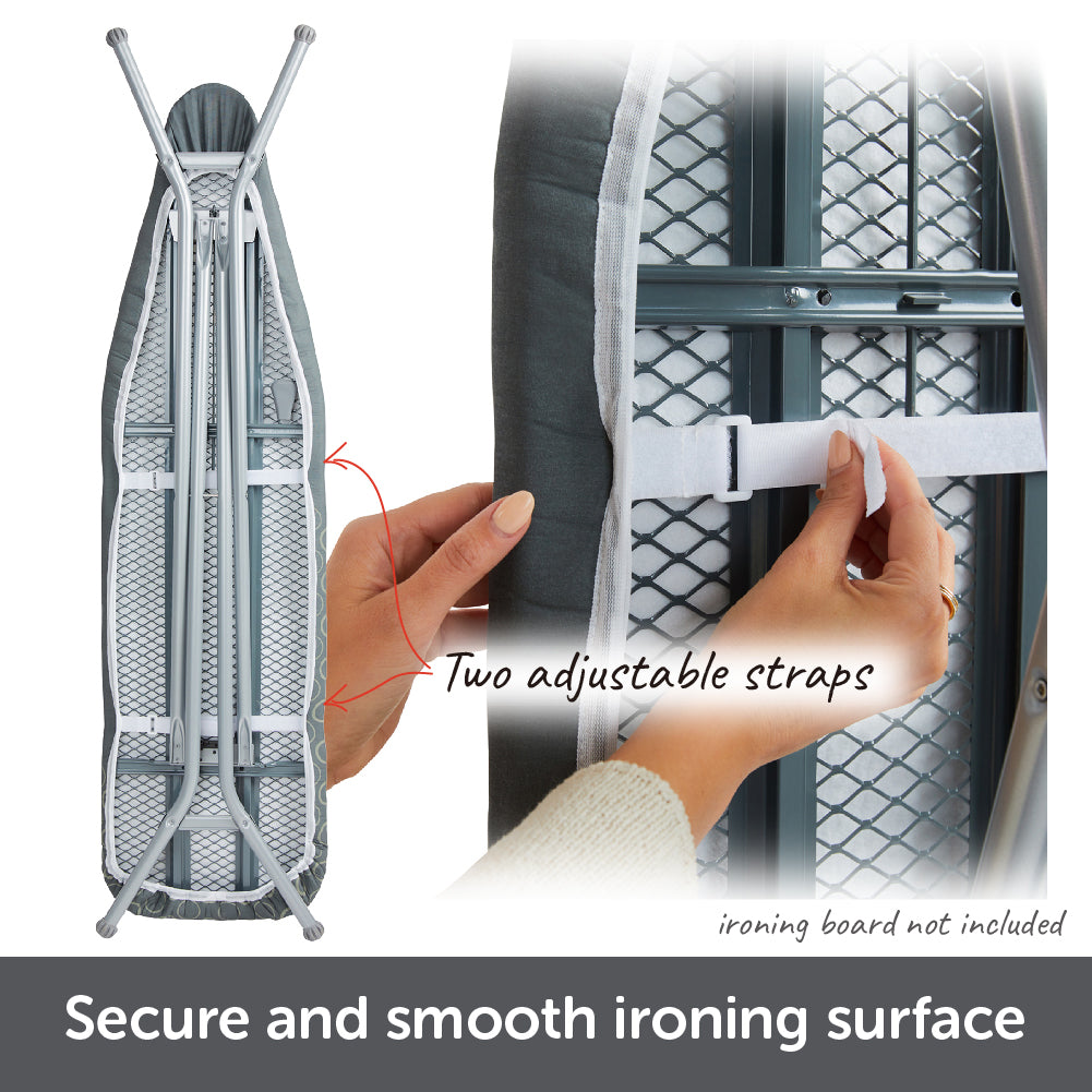 Demonstrating the two adjustable straps of the Oliso ironing board cover that holds it securely, creating a smooth ironing surface.