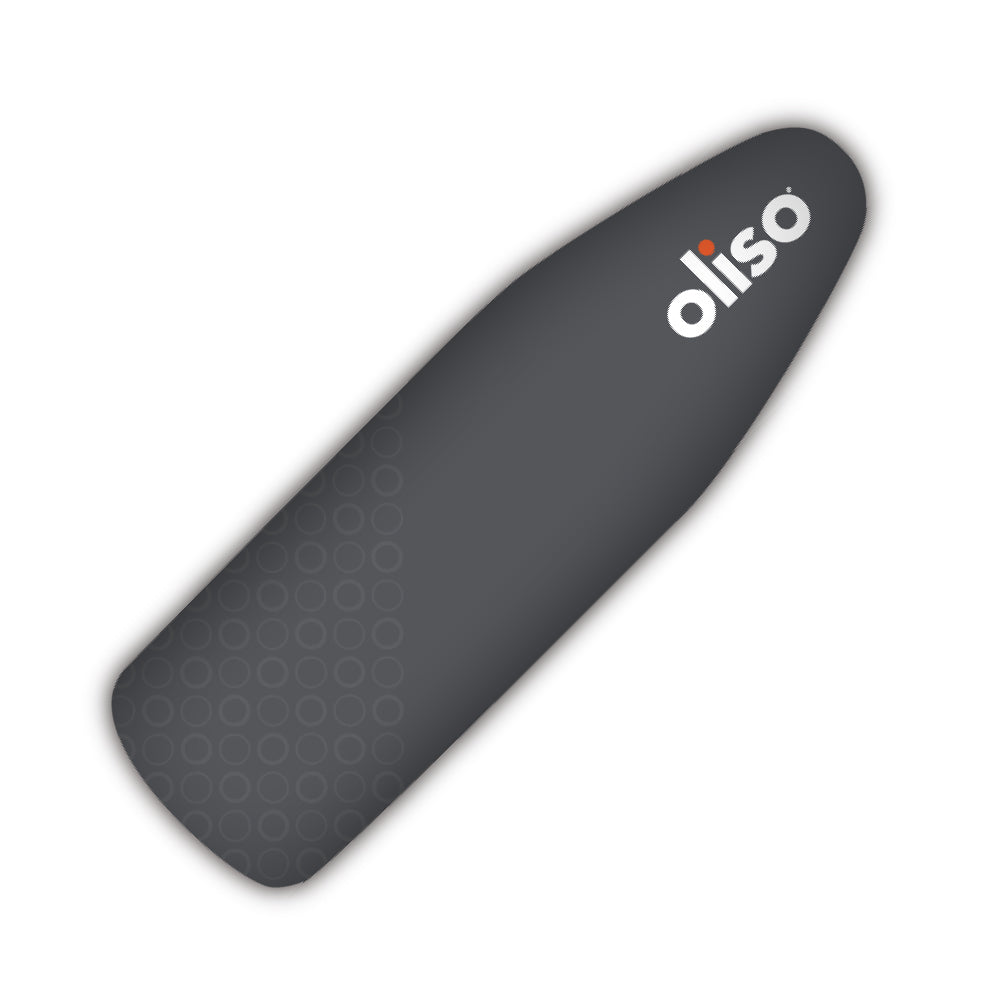 Grey Oliso ironing board cover. Dark grey cotton with a pattern of light grey circles at one end, and the Oliso logo near the tip.