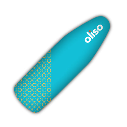 Turquoise Oliso ironing board cover. Turquoise cotton with a pattern of yellow circles at one end, and the Oliso logo near the tip.
