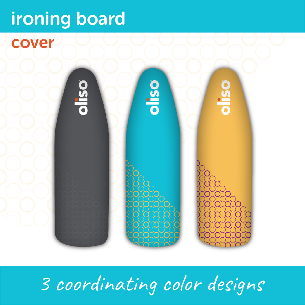Image of the three available Oliso Ironing Board Cover; grey turquoise, and yellow.