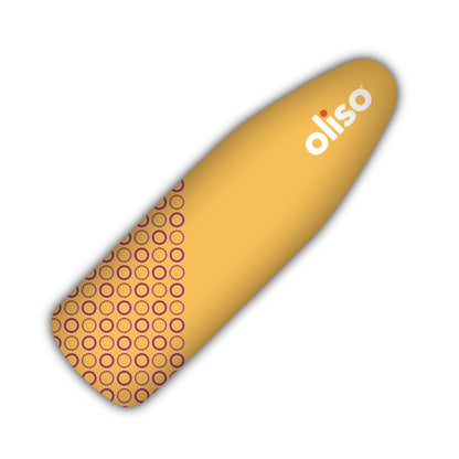 Yellow Oliso ironing board cover. Yellow cotton with a pattern of purple circles at one end, and the Oliso logo near the tip.