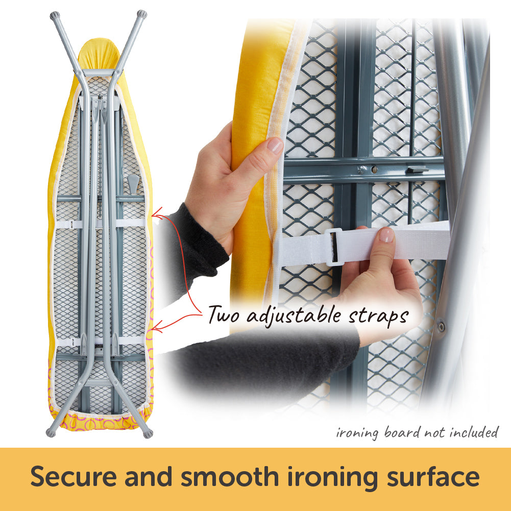 Demonstrating the two adjustable straps of the Oliso ironing board cover that holds it securely, creating a smooth ironing surface.