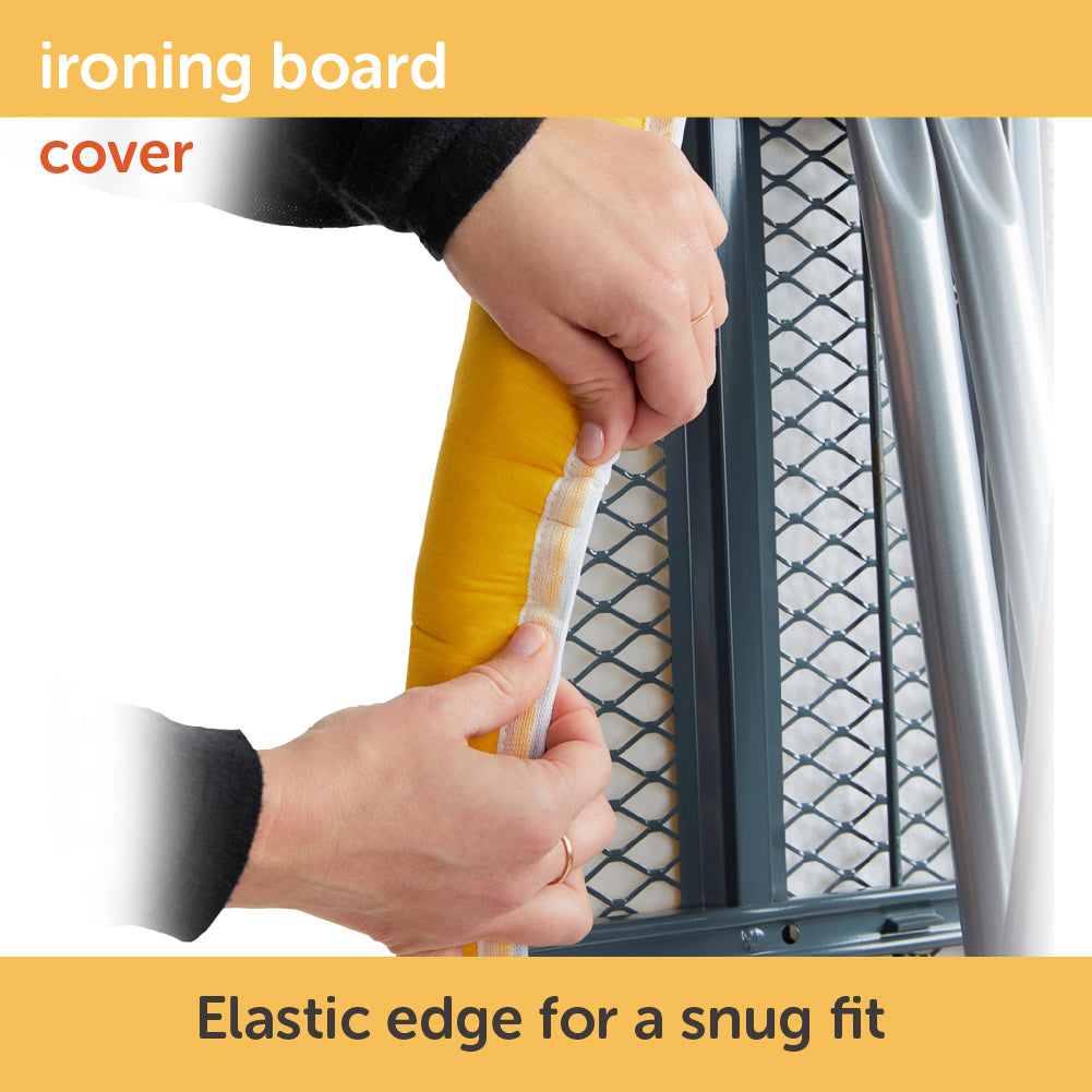 Hands stretching the elastic edge that helps the Oliso ironing board cover fit snugly on a standard ironing board.