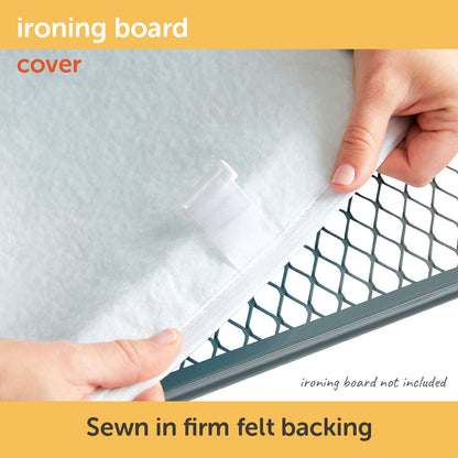 Hands holding the underside of the Oliso Ironing Board cover showing the sewn in firm felt back that makes ironing easier.