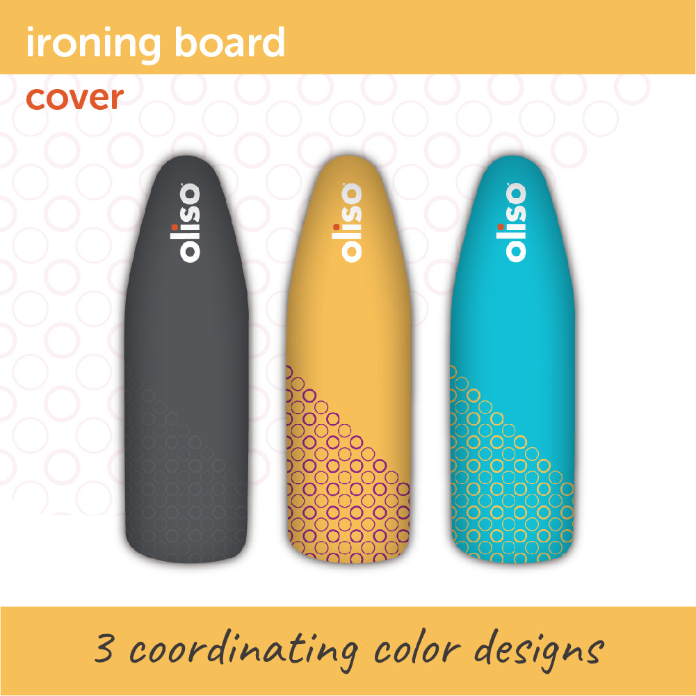 Image of the three available Oliso Ironing Board Cover; grey turquoise, and yellow.