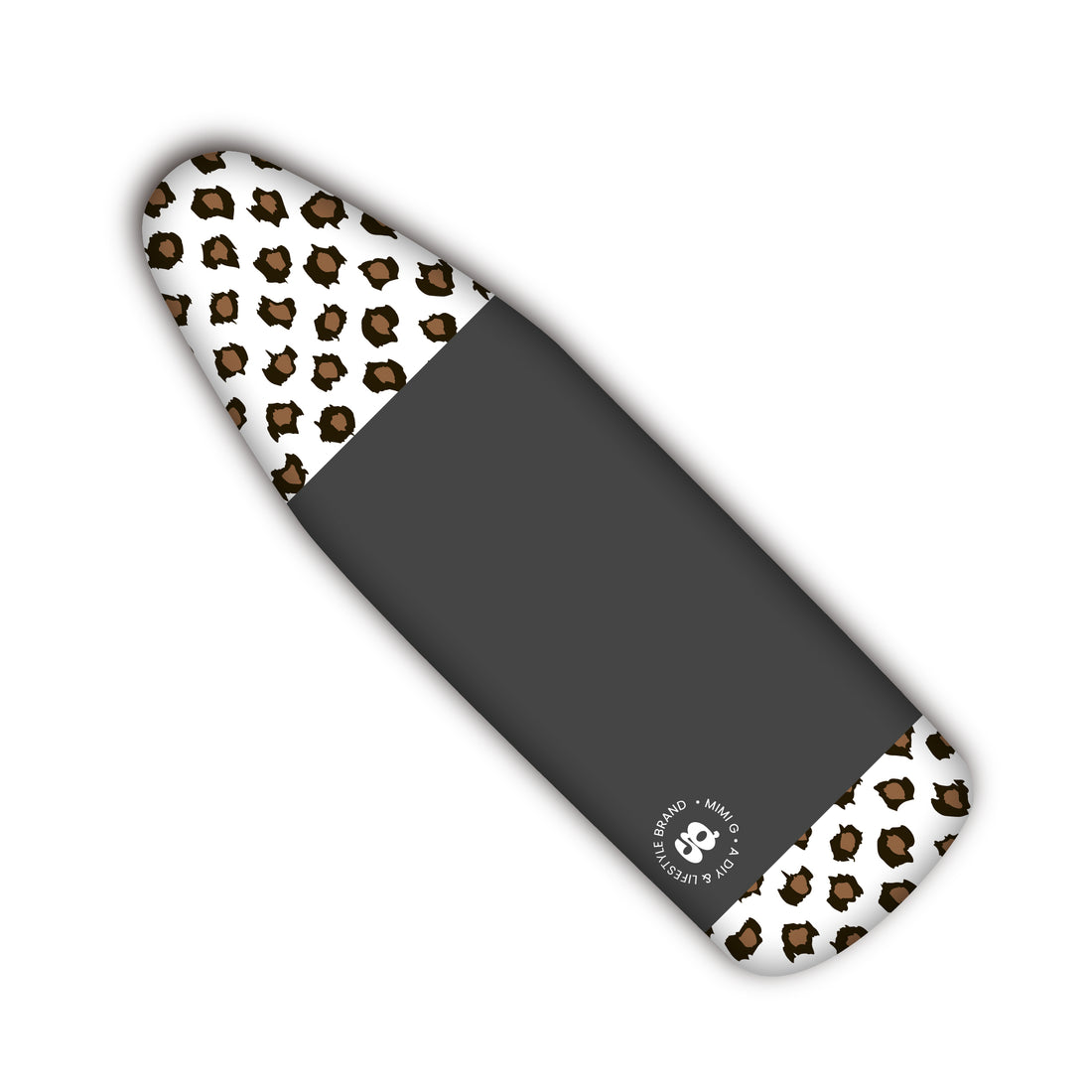 Mimi G Oliso ironing board cover. Iconic leopard skin pattern and dark grey with a Mimi G logo.