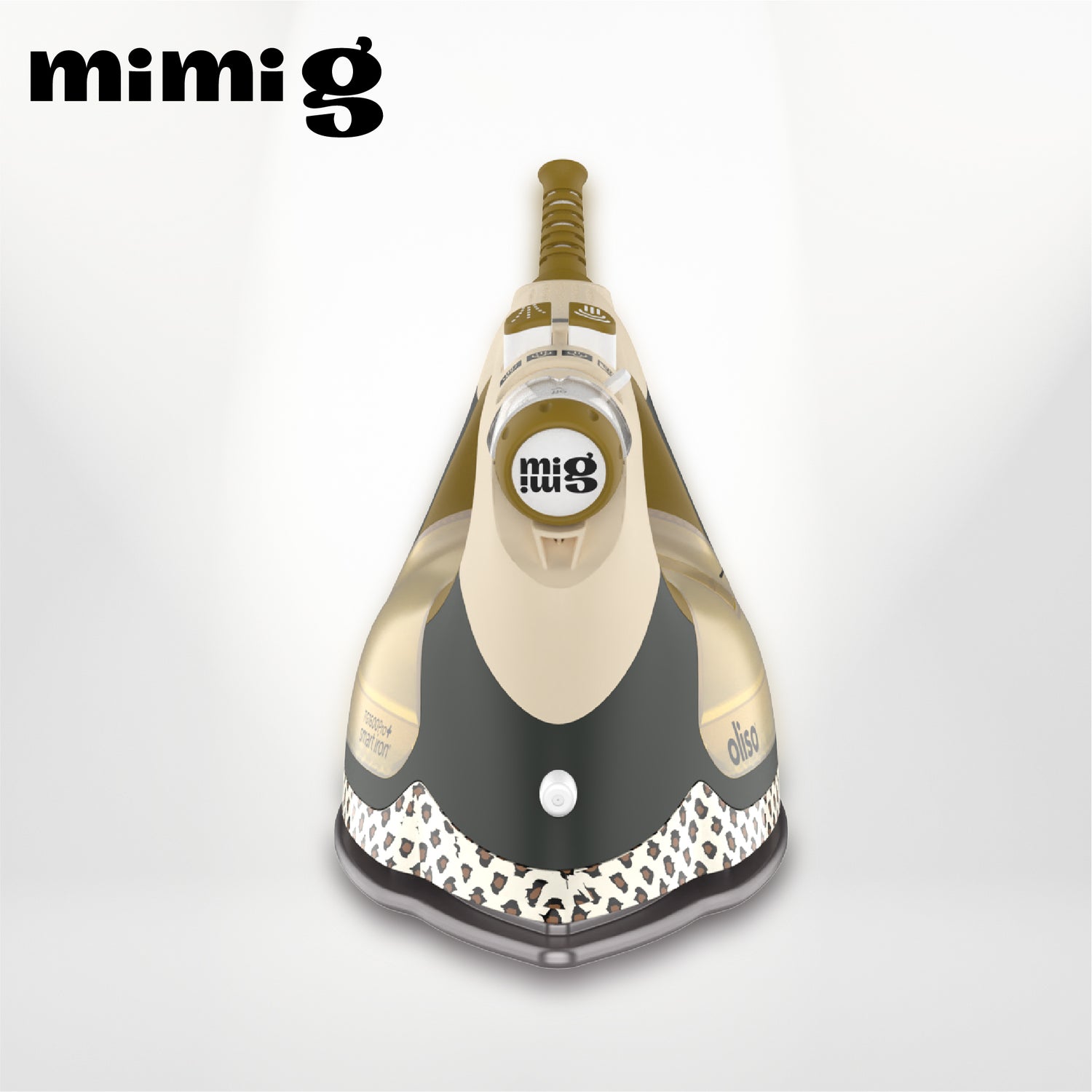 Front view of the Mimi G iron, highlighting the Mimi G logo on the fabric selector, and the leopard print on its base.