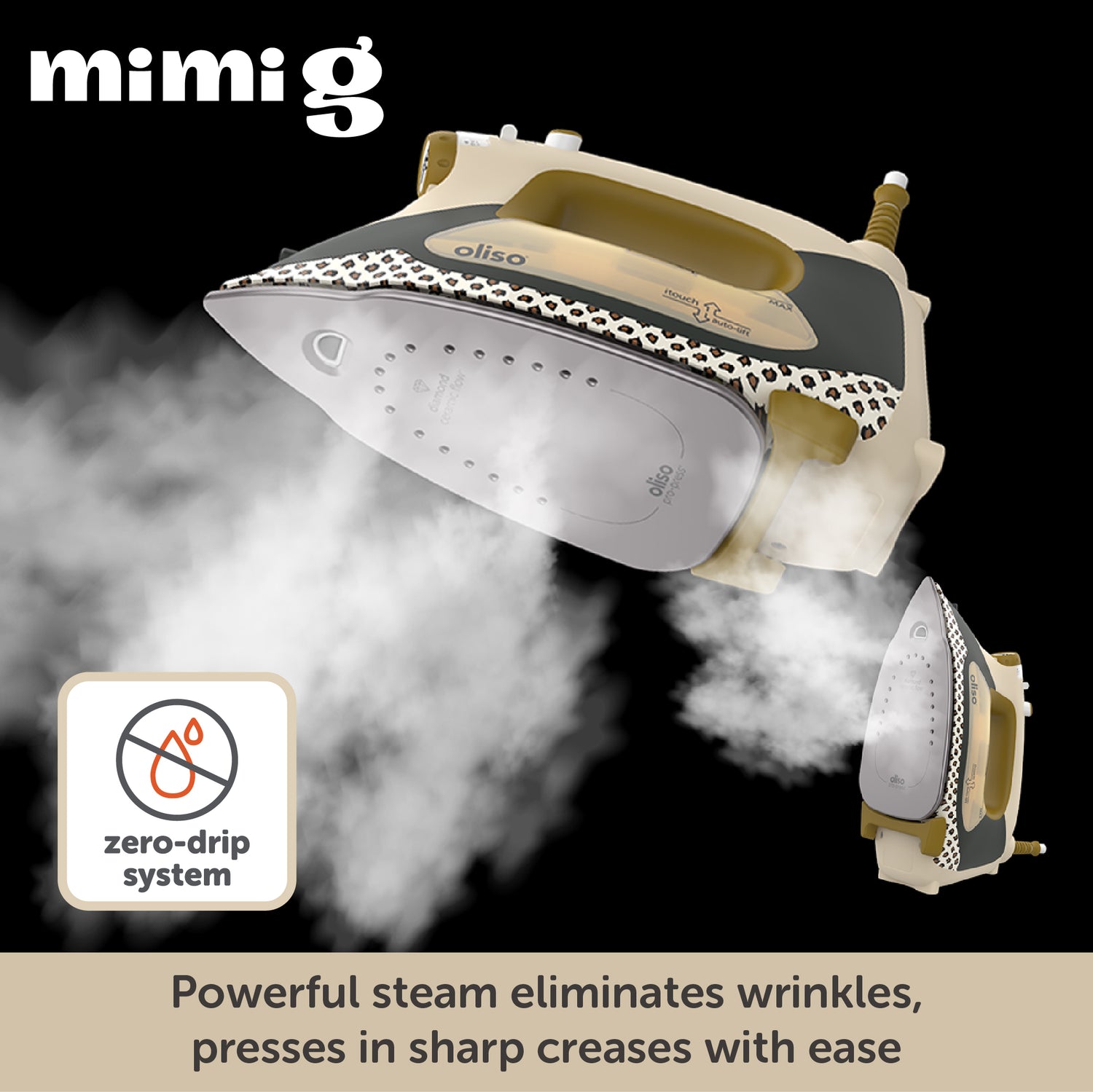 Demonstration of the powerful vertical and horizontal steam produced by the Mimi G iron. Ideal for eliminating wrinkles and pressing in sharp creases and pleats.