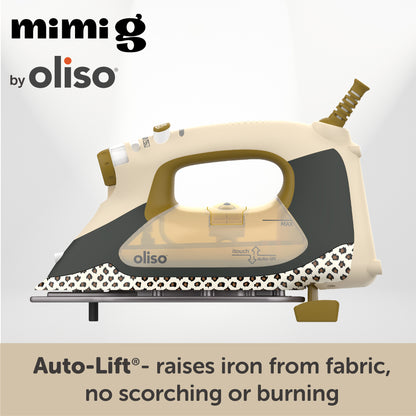 Side view of Oliso Mimi G iron raised on its auto lift legs. Auto-Lift raises iron from fabric,  saving your arm and fabric from scorching.