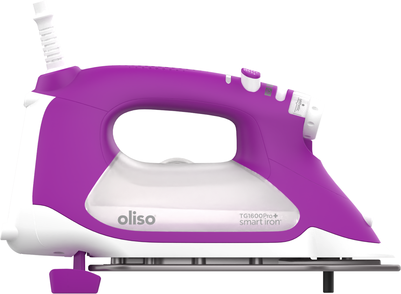Oliso ProPlus purple  Smart iron  with its auto-lift legs extended, raising it above  fabric and ironing surfaces.
