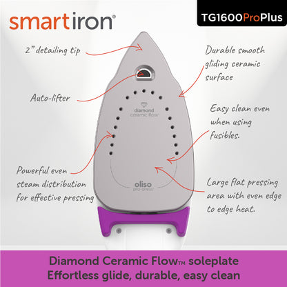 ProPlus iron soleplate with call outs of its many features; durable, smooth ceramic surface. easy to clean even when using fusible, large flat pressing area, powerful even steam for pressing, 2 inch detailing tip.
