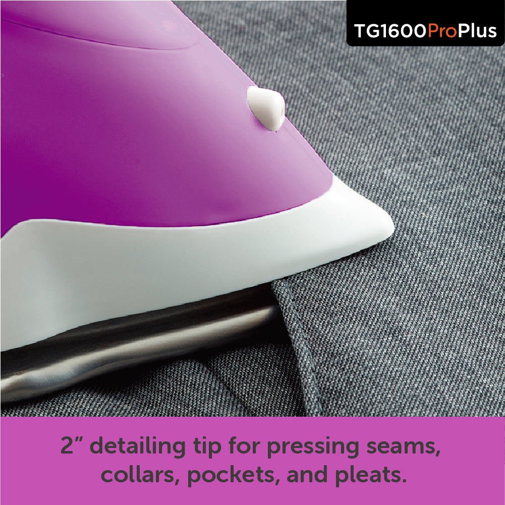 Close up of the 2 inch detailing tip at the front of the iron for pressing seams. collars, pockets, and pleats.