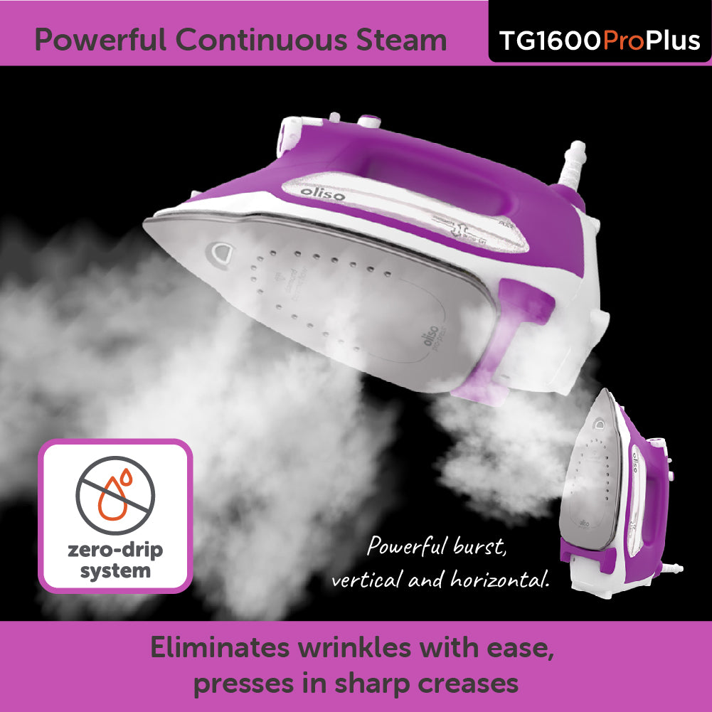 The ProPlus iron lift showing it powerful burst of steam, that can also be used vertically. With a icon calling out the ProPlus zero-drip system.