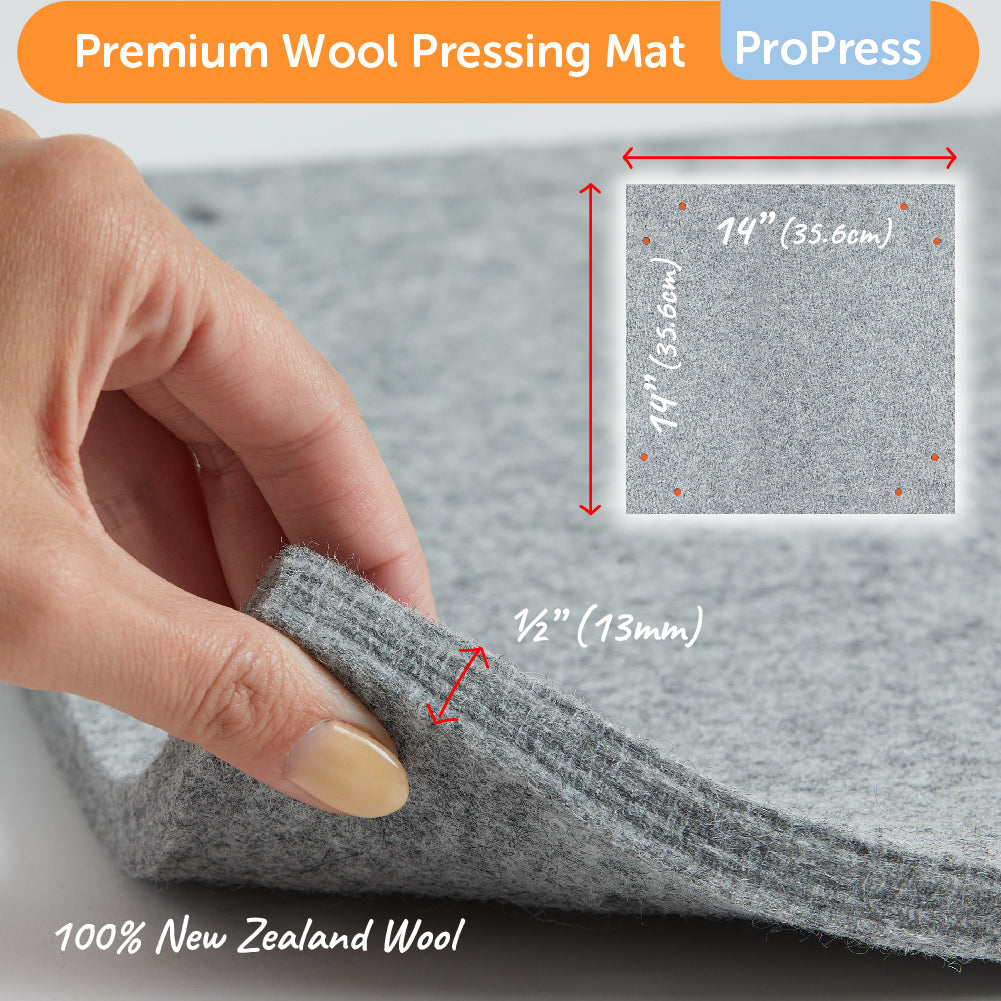 Close-up of the 100% New Zealand wool pressing mat being held between finger to show its half inch thickness. Inset of full mat which is 14 inches by 14 inches.