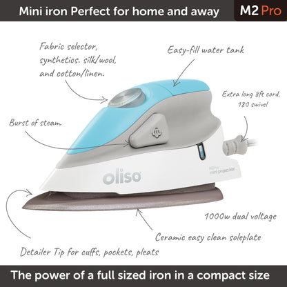 Oliso turquoise mini iron, with features highlighted; fabric selector, extra long cord, dual voltage, detailer tip, burst of steam.